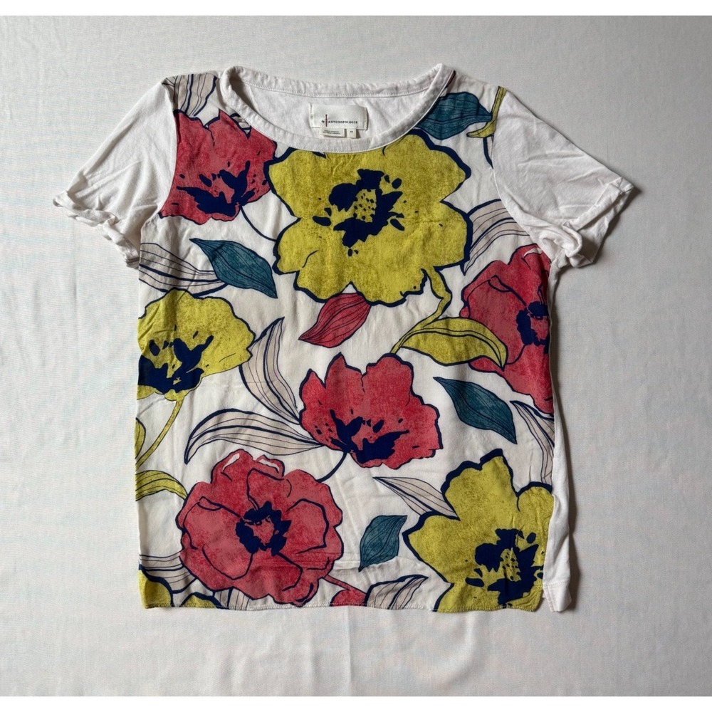 Anthropologie Women's XS Floral Graphic T-Shirt White Coral Yellow